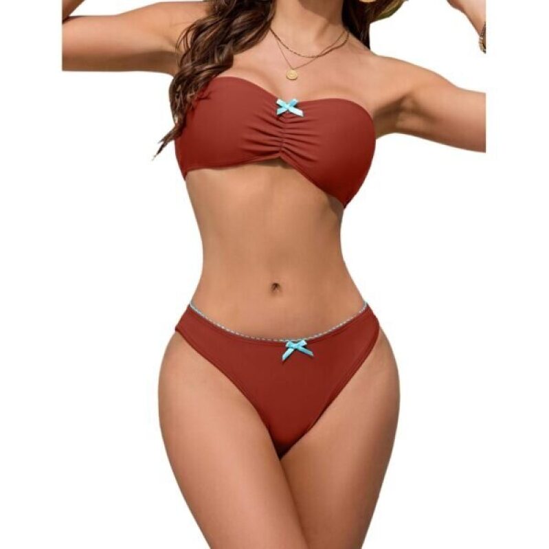 Vintage Bandeau Ruched Bust Bow Accent Crisscross Back Tie High Cut Cheeky Thong Bathing Suit