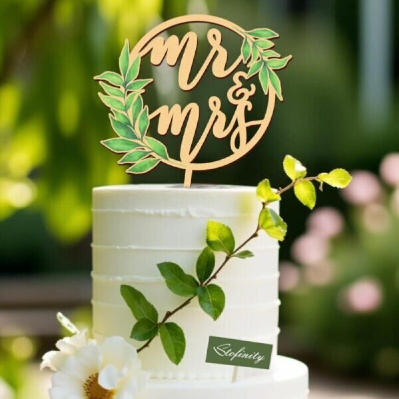 Elegant Boho Mr & Mrs Wooden Wedding Cake Topper – 50% Off