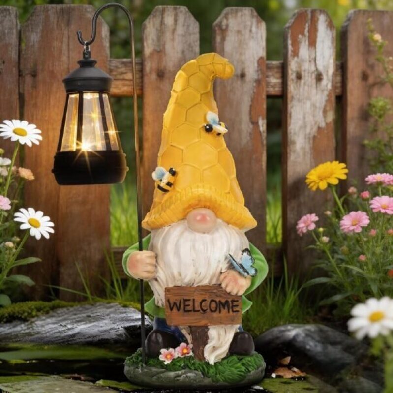 Solar Garden Gnome Statue with Lantern – Hand-Painted Resin Decor, IP44 Waterproof Outdoor Figurine for Yard Patio Porch