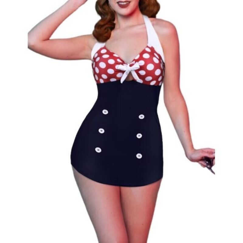 Vintage Striped Skirt Bathing Suit - Red Polka Dot