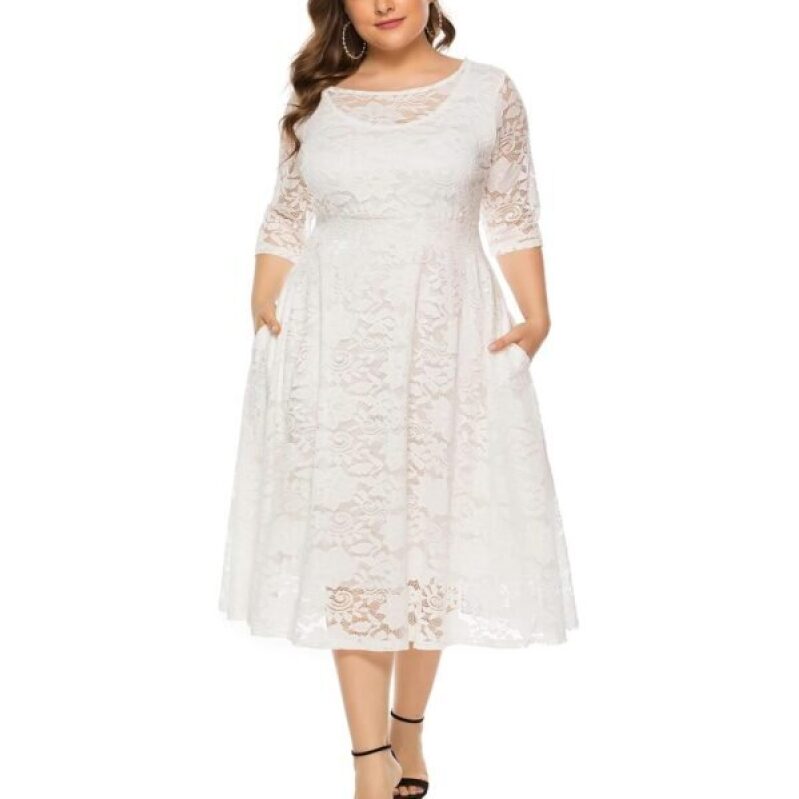Plus Size Floral Lace Midi Dress - Elegant and Comfortable