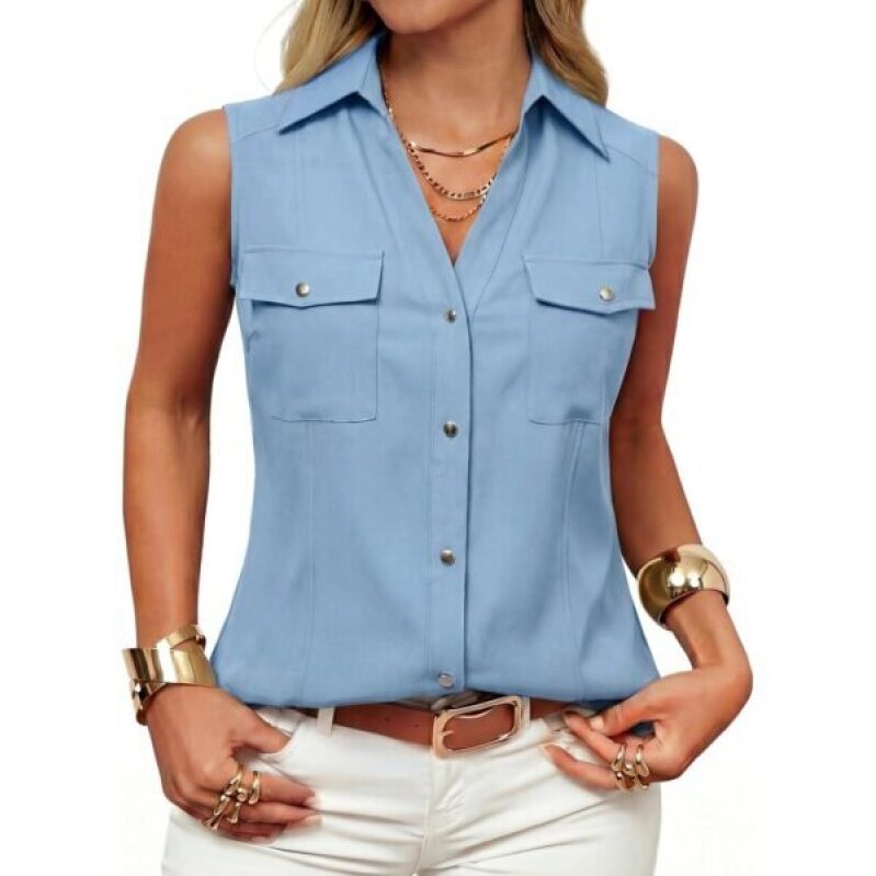 Light Blue Sleeveless Button-Down Shirt - 72% Off