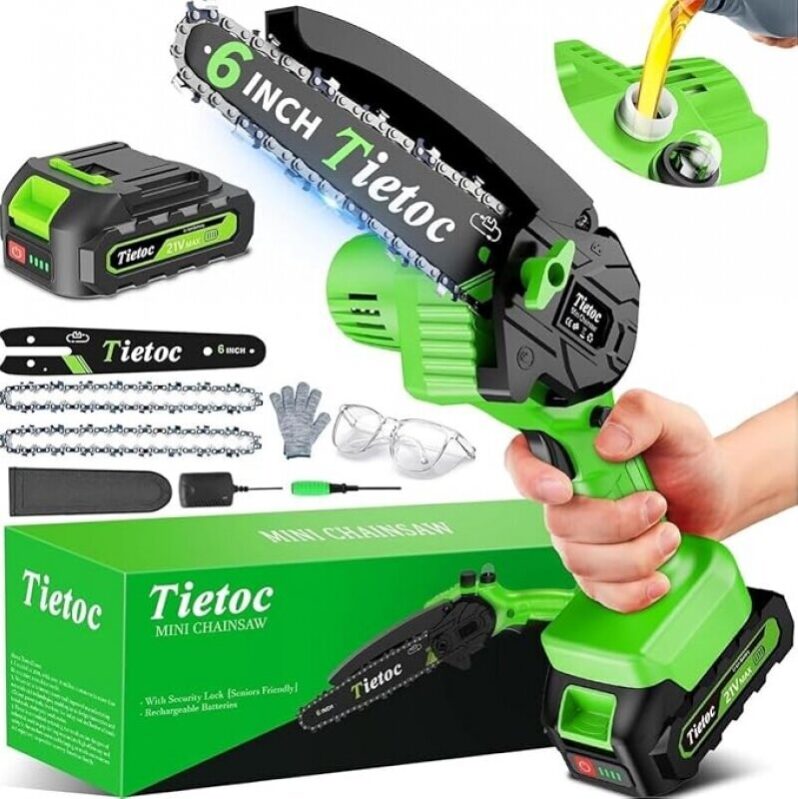 Tietoc 6 Inch Mini Electric Chainsaw - Battery Powered, Cordless, Lightweight