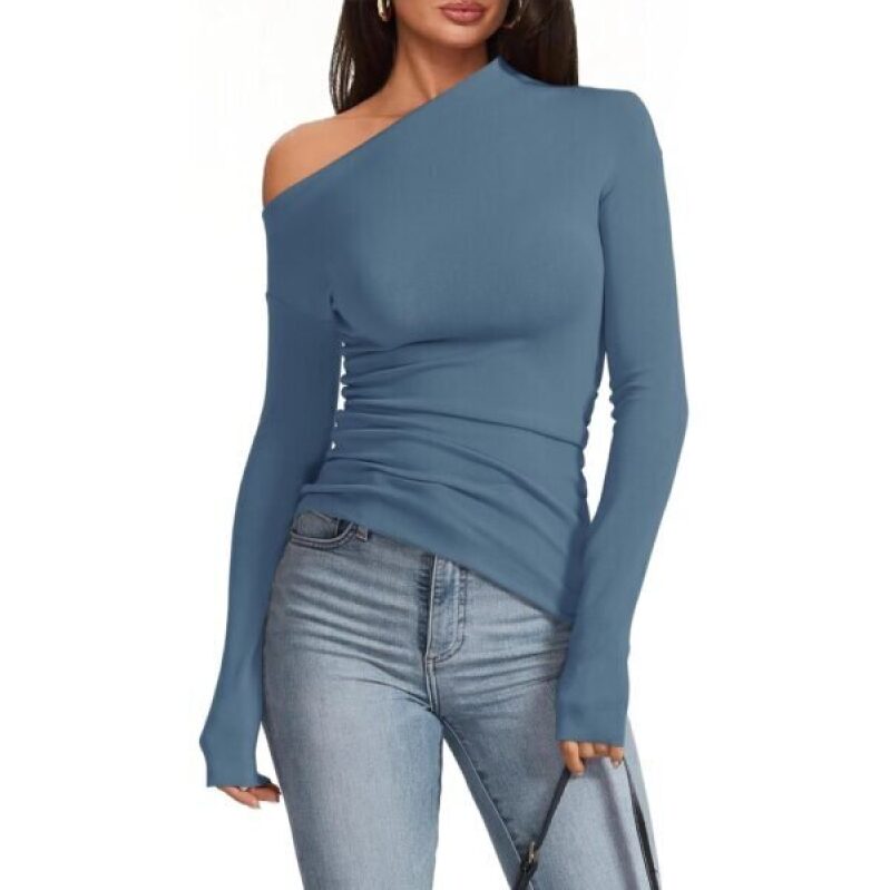 Meetrendi Women Off Shoulder Long Sleeve Tops Dressy Asymmetrical Ruched Going Out Tight Shirts
