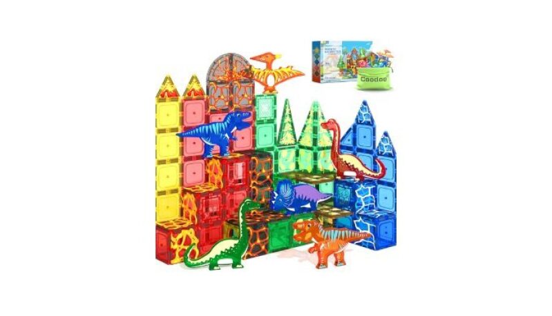102PCS Dinosaur Toys Magnetic Tiles with 8 Dinosaurs - Jurassic Scenes Adventure Set