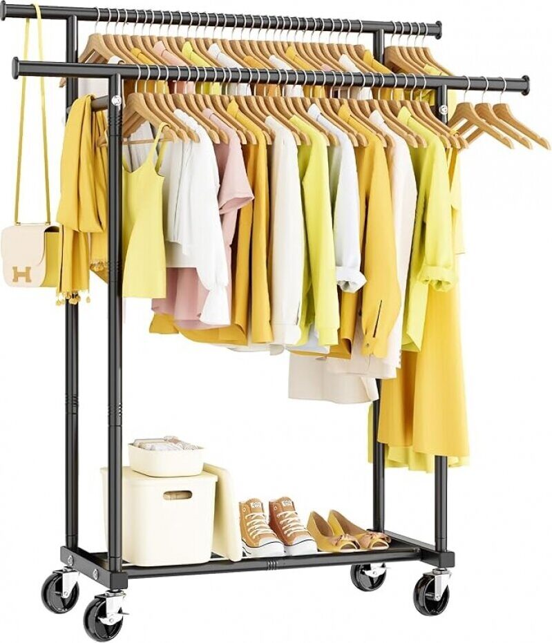 Double Rods Rolling Clothing Rack - Space-Saving, Durable, Mobile Storage