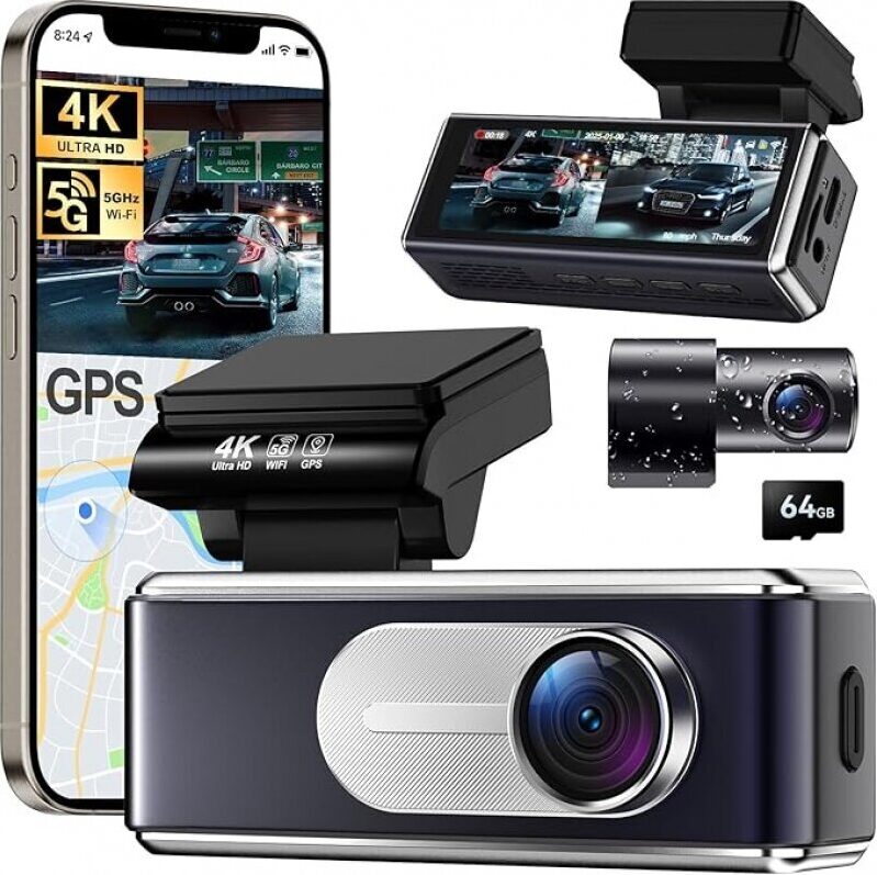 4K HD Dual Dash Camera for Cars - Front and Rear Recording, 5G WiFi GPS, 64GB Included