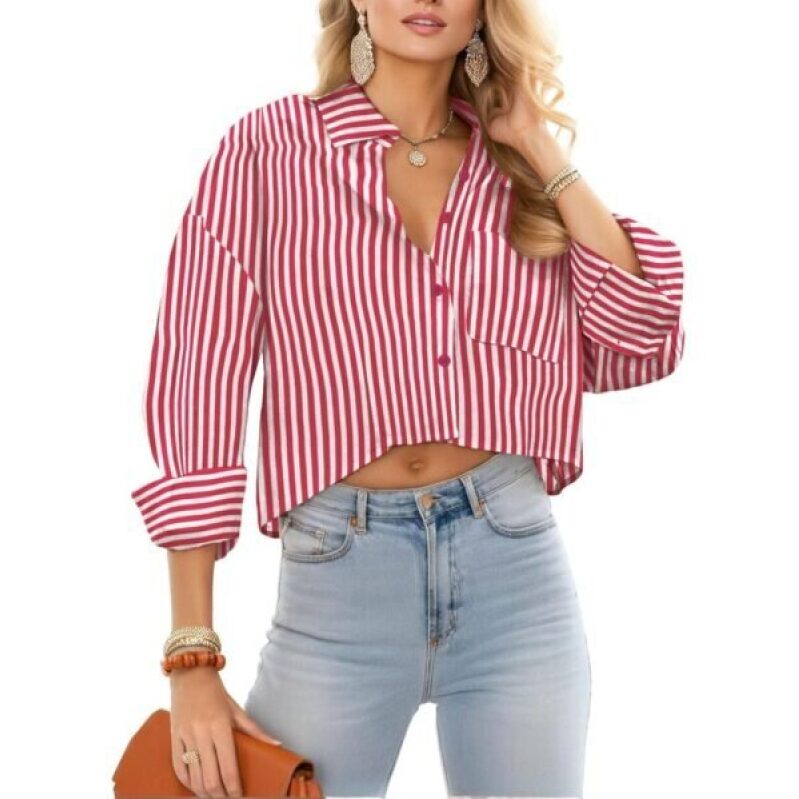 JINKESI Women's Long Sleeve Slim Fit Button Down Shirt - Red & White Stripe
