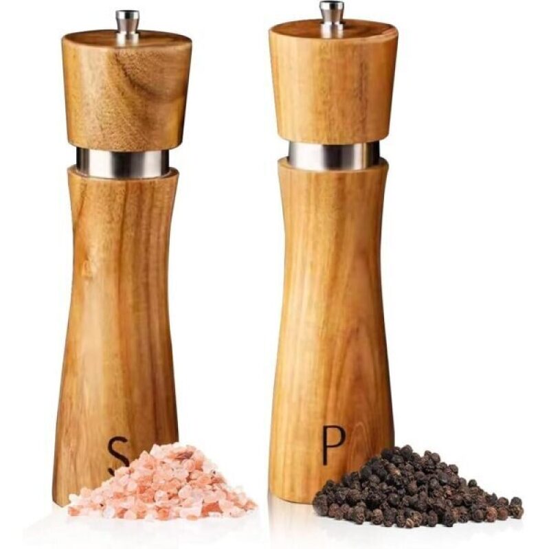 8 Inch Wooden Salt and Pepper Grinders, Refillable Mills, Adjustable Coarseness