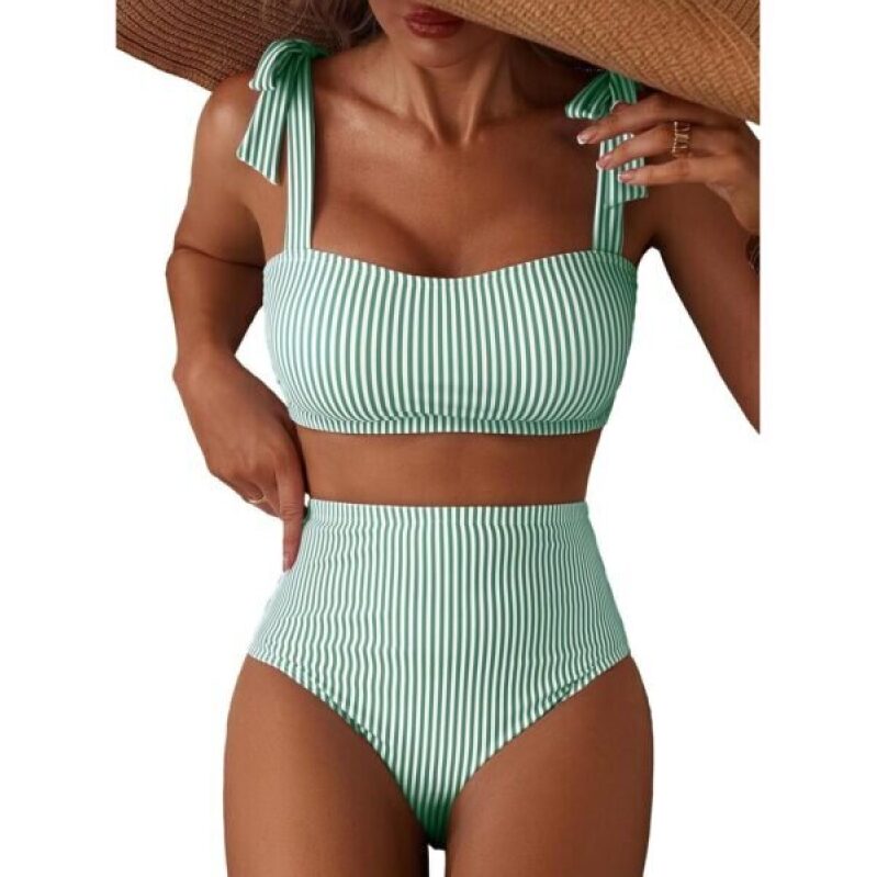 Herseas Green Striped 2 Piece Bikini Set - High Elasticity & Quick Dry