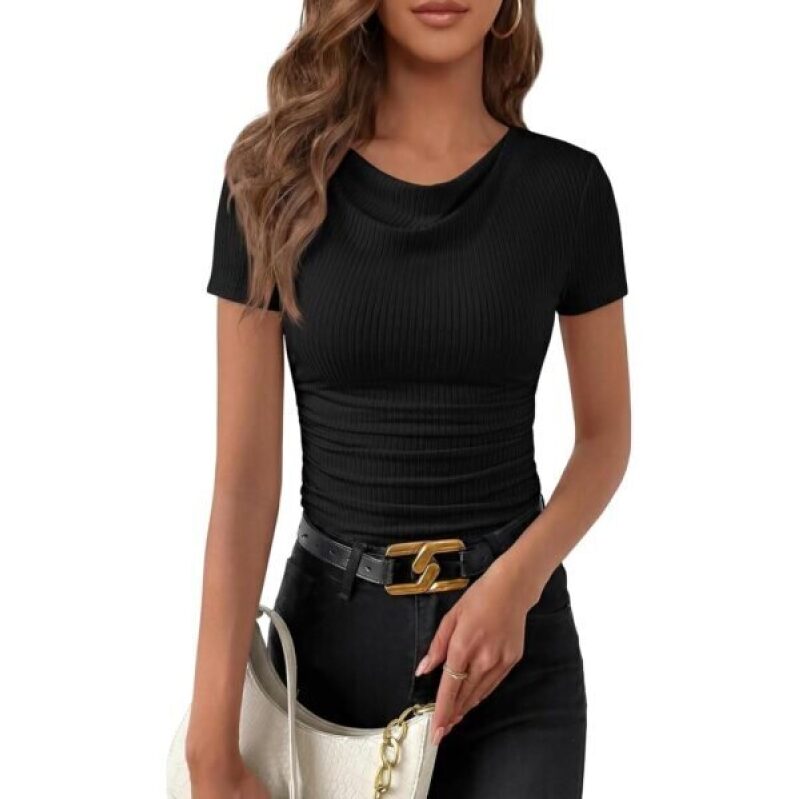 PRETTYGARDEN Women's Ribbed Knit Short-Sleeve T-Shirt - Black, Size X-Large