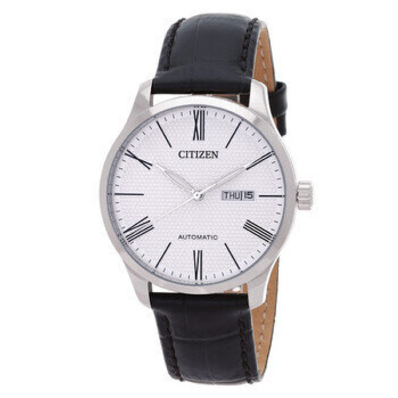 Elegant Citizen Automatic Watch with Silver-tone Case and Black Leather Strap