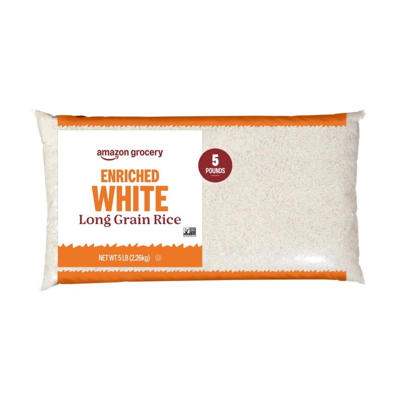 Amazon Grocery Enriched White Long Grain Rice, 5Lb - Essential Nutrients, Ready in 15 Mins