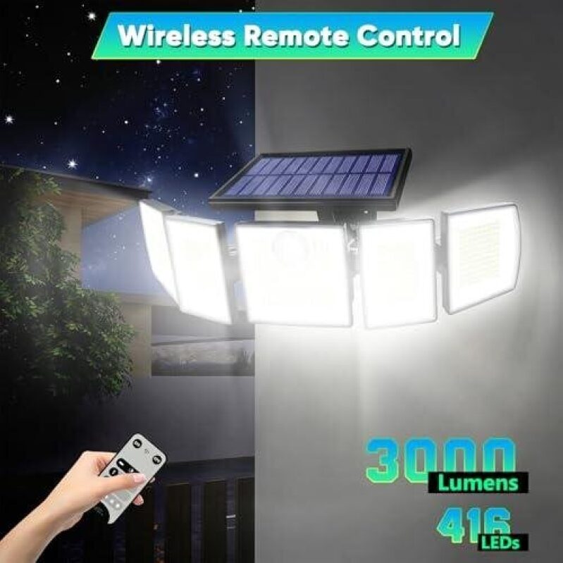 Solar-Powered Motion Sensor Floodlights - 3000 Lumens, 5 Adjustable Heads, IP65 Waterproof - 2 Pack