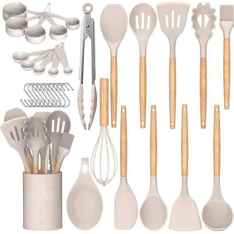 33-Piece Silicone Cooking Utensils Set with Wooden Handles