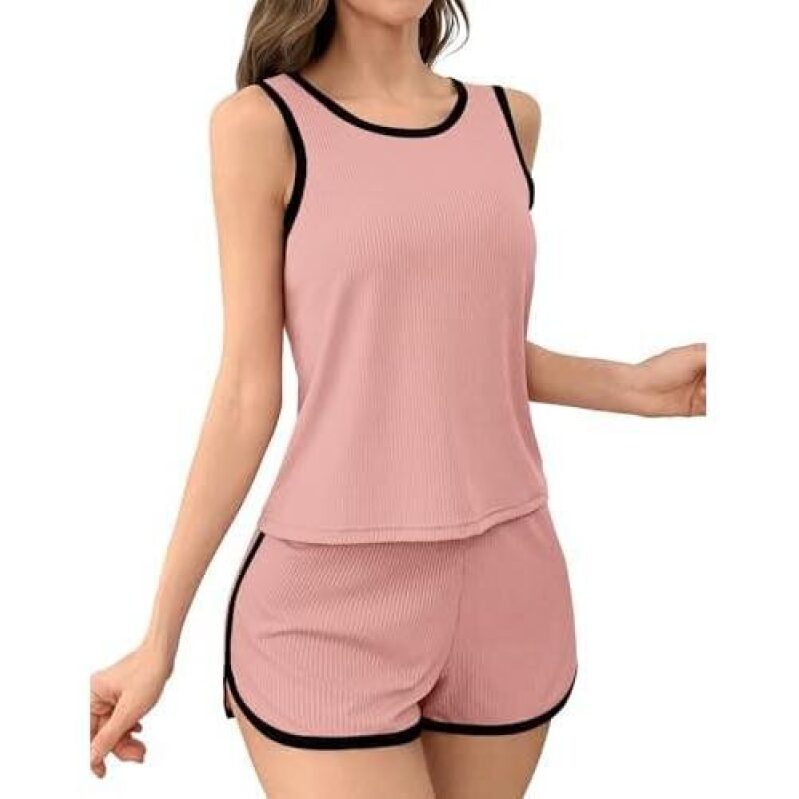 50% Off: Pink Contrast Ribbed Tank and Shorts Set