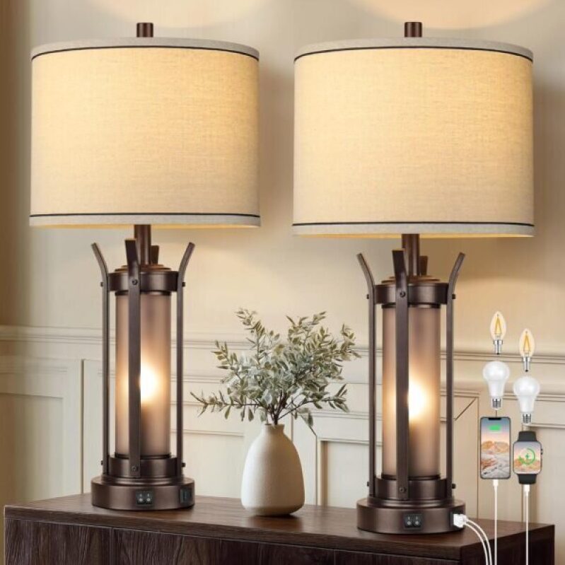 Affordable Farmhouse Table Lamps Set with USB Charging Ports - Perfect for Living Room or Bedroom