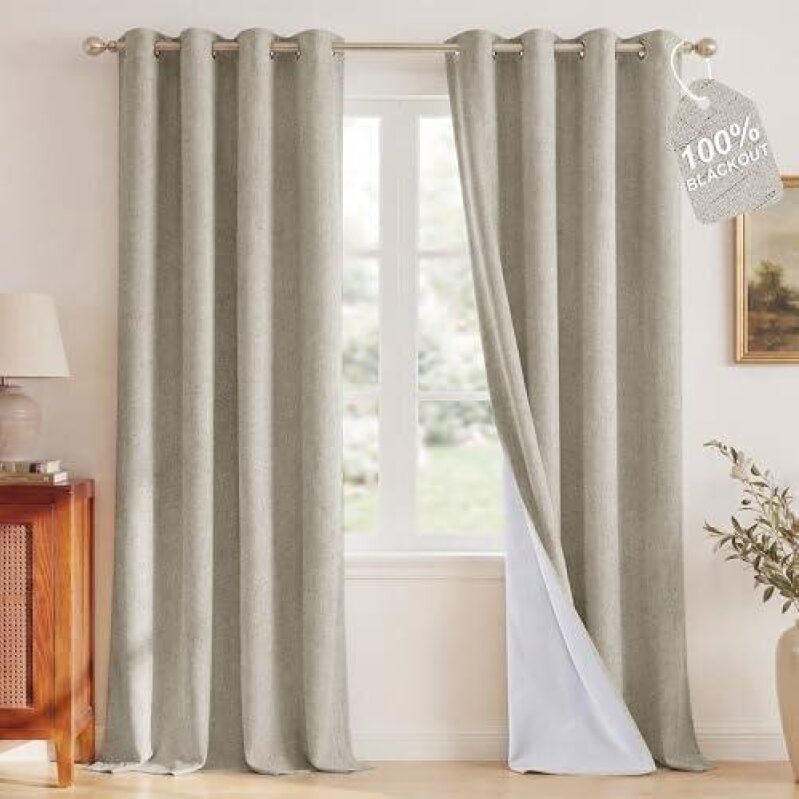 Whole Blackout Linen Curtains with White Lining - 2 Panels, 52x96 Inches, 50% Off