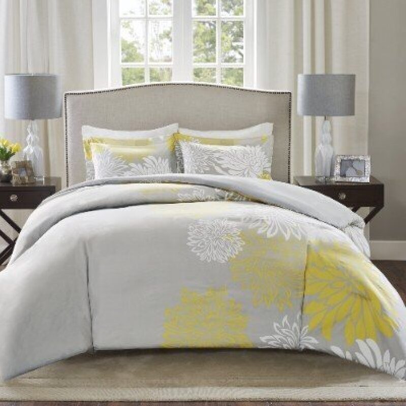 Elegant Grey and Yellow Bedding Set for Queen Size Bed