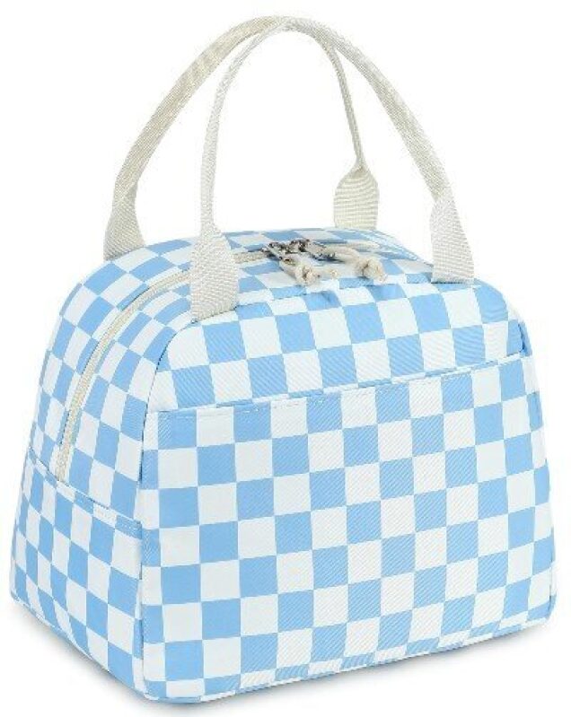 LEDAOU Women's Insulated Lunch Bag - Blue & White Checkered Design