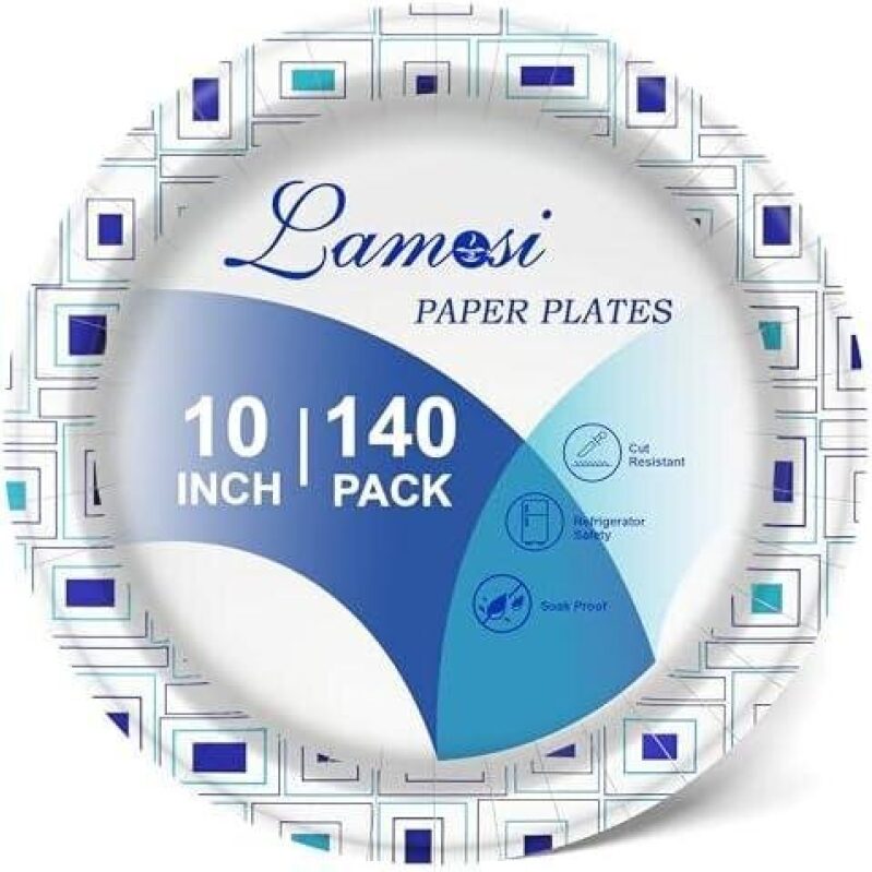 Lamsi 10-Inch Disposable Paper Plates - 140 Count, Patterned, Waterproof & Cut-Resistant