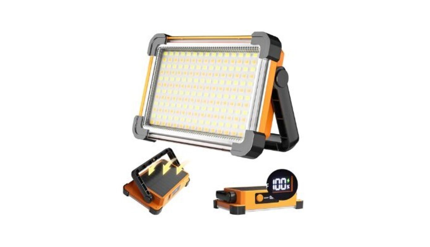 150W Solar Rechargeable Work Light with 180 LED, 10000LM Brightness, IP65 Waterproof, 3 Modes, Portable for Outdoor Use