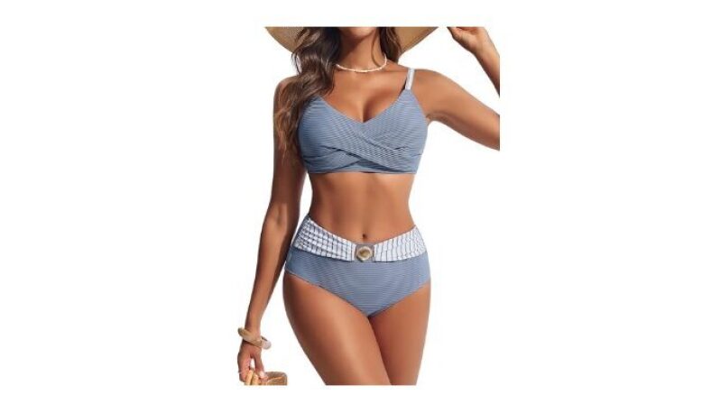 Modest Tummy Control Bikini Set - Blue Stripe