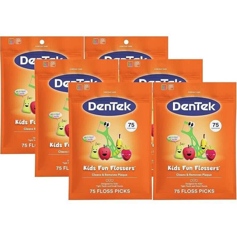 6-Pk DenTek Fun Flossers Kids Floss Picks w/Wild Fruit Flavor, 75 Ct