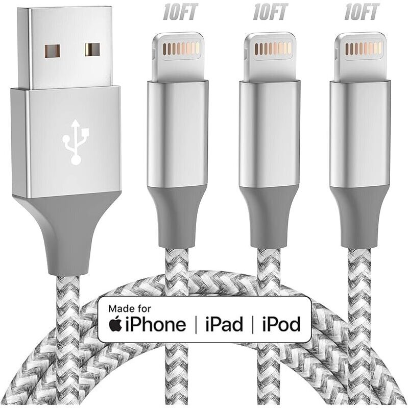 Durable 10ft USB-A to Lightning Cable (3-Pack) - Reliable Charging Solution