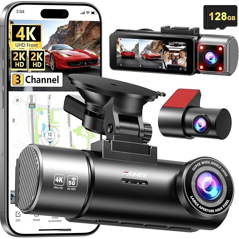 Faimee 4K Front WiFi Dash Cam with 2K Rear + Cabin Cams, 128GB Card