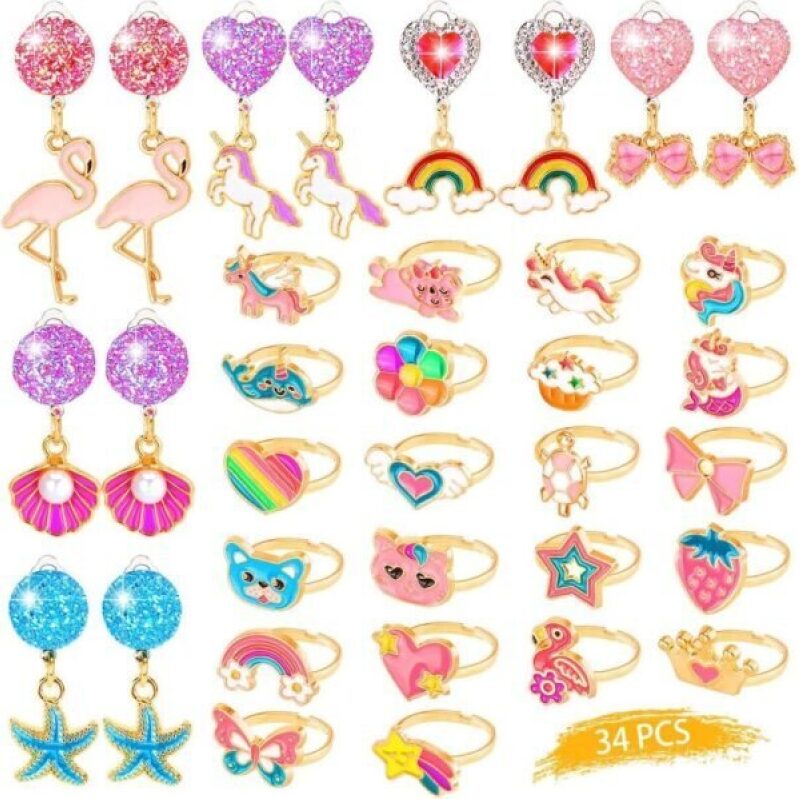 50% Off - Fun Clip-on Earrings and Rings for Girls, 34 Pcs