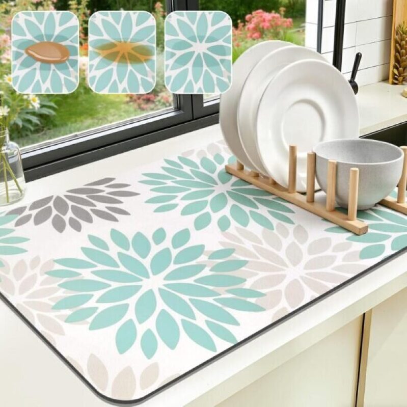 Floral Dish Drying Mat - 12x20 Inches, Super Absorbent & Stain-Resistant Coffee Mat