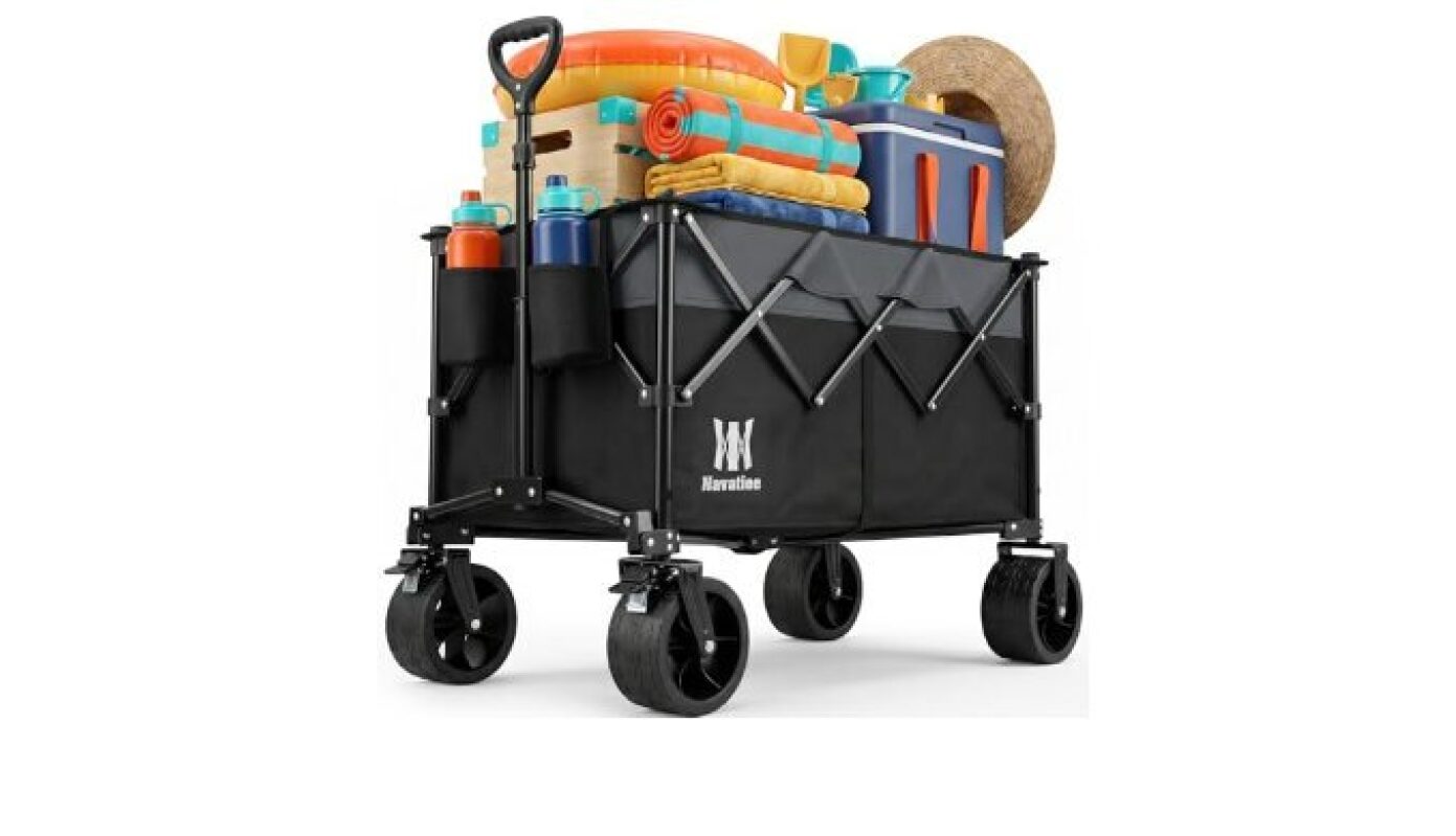 Navatiee 330Lbs Collapsible Folding Wagon, Heavy Duty Foldable Beach Cart with Big Wheels, Black