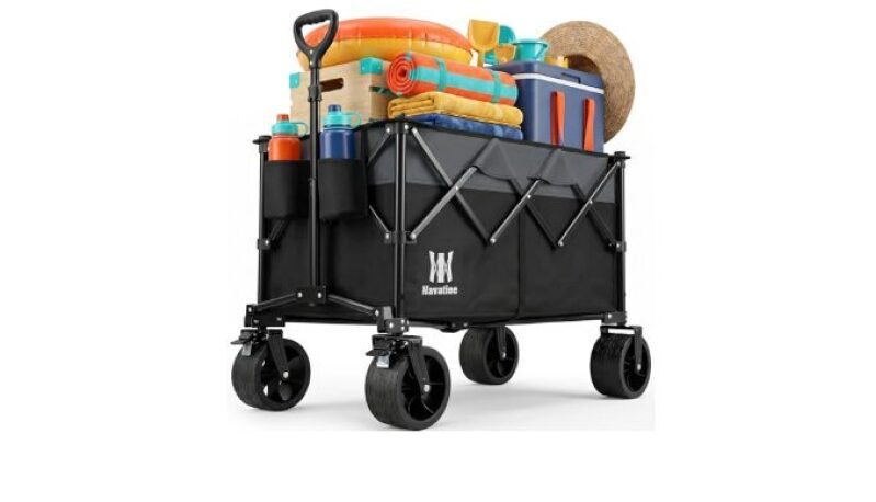 Navatiee 330Lbs Collapsible Folding Wagon, Heavy Duty Foldable Beach Cart with Big Wheels, Black