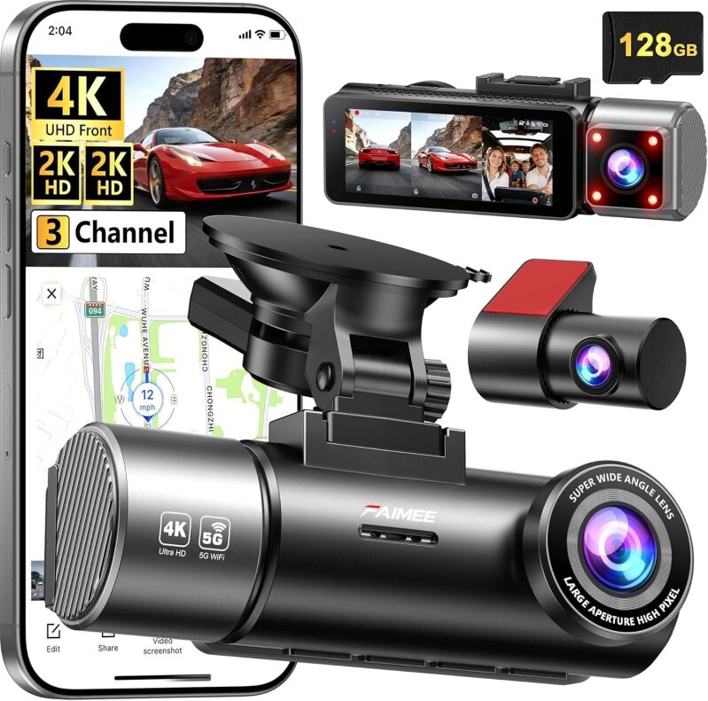 Dash Cam with 4K Front, 2K Rear, 3 Channels - 128GB Included