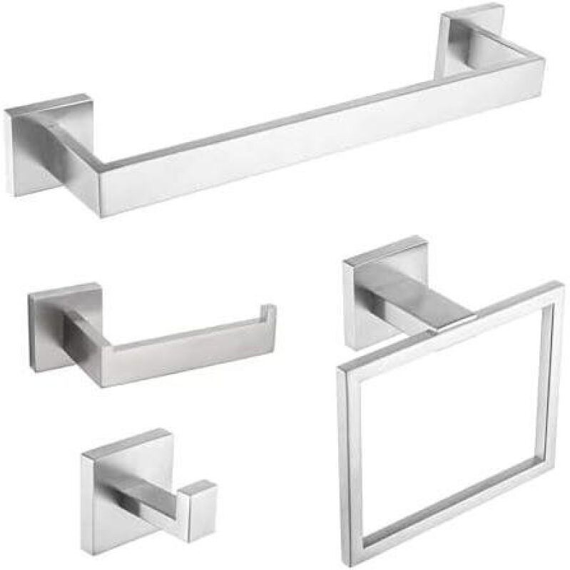 4-Piece Bathroom Set - Towel Bar, Paper Roll Holder, Hooks, Stainless Steel