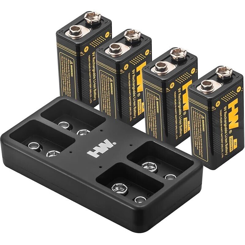 4-Pack 9V Rechargeable Batteries with Charger - Efficient and Reliable Power Source