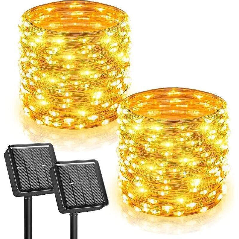 2-Pack Solar String Lights 66FT, 200 LED Warm White Solar Fairy Lights for Outdoor