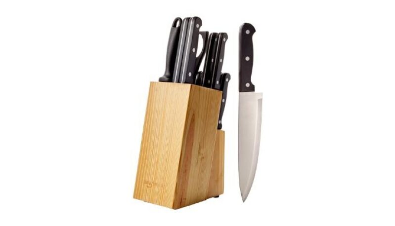 Amazon Basics 14-Piece Kitchen Knife Set with Full Tang Construction, Ergonomic Handles, Sharpener and Block
