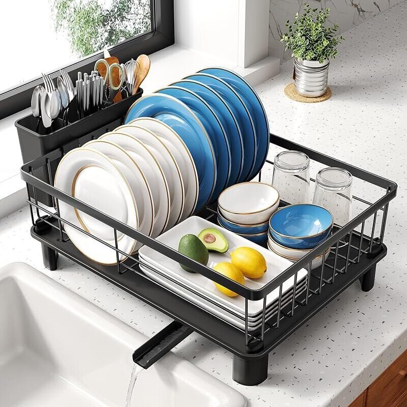Compact Dish Drying Rack with Utensil Holder and Drainboard - Perfect for Small Kitchens