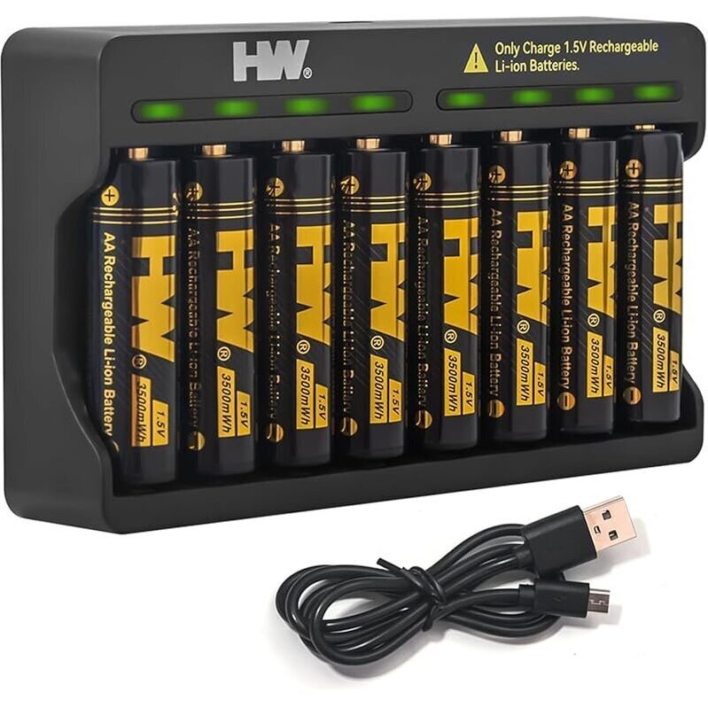 HW Rechargeable AA Batteries 8-Pack with Charger - Long-Lasting Power