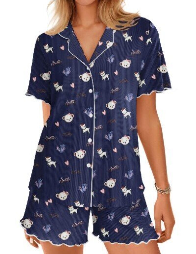 Ekouaer Women's Short Sleeve Button-Up Pajama Set - Cute Bear Design