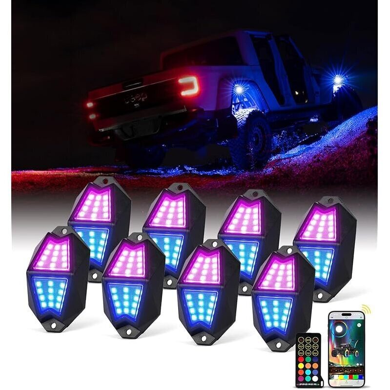 8pk Xprite 8 Pods RGB LED Rock Lights with Music Sync and Brake Signals