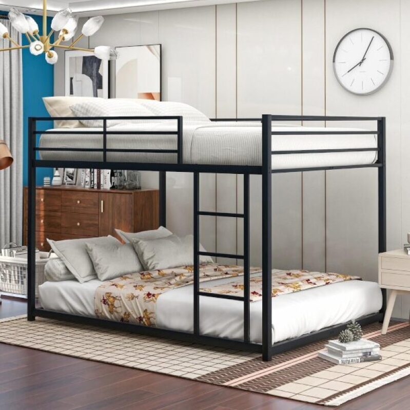 Affordable Full-Over-Full Low Bunk Bed Frame with Ladder