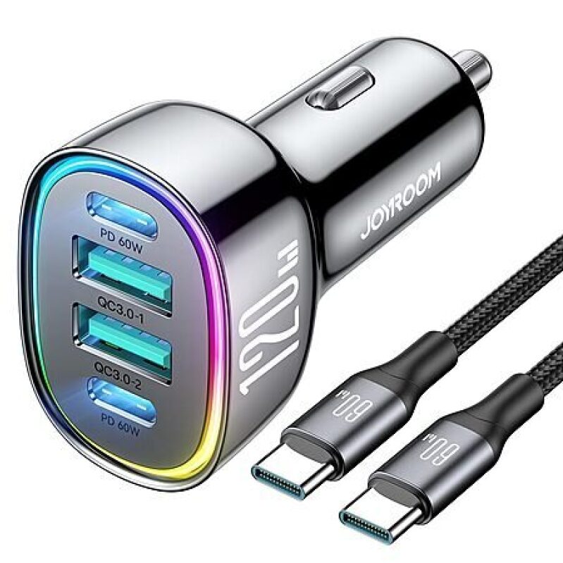 High-Speed 120W JOYROOM Dual USB-C PD & USB-A QC 3.0 Car Charger
