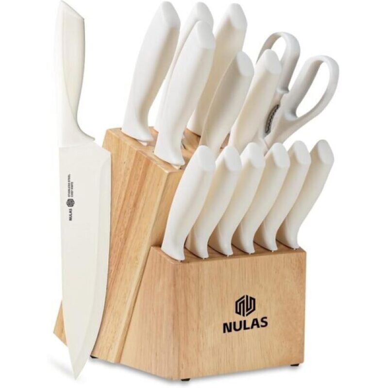 NULAS 15-Piece Kitchen Knife Block Set with Built-in Sharpener - 50% Off