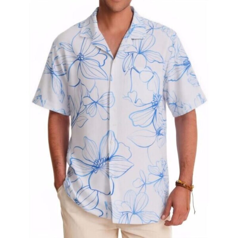 ALLOVIN Mens Camp Collar Hawaiian Shirt - Blue Floral on White - Medium