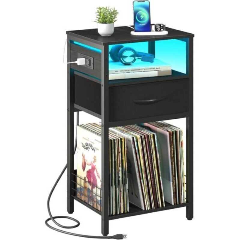 Yoobure Record Player Stand with Storage - End Table with Charging Station & LED Lights