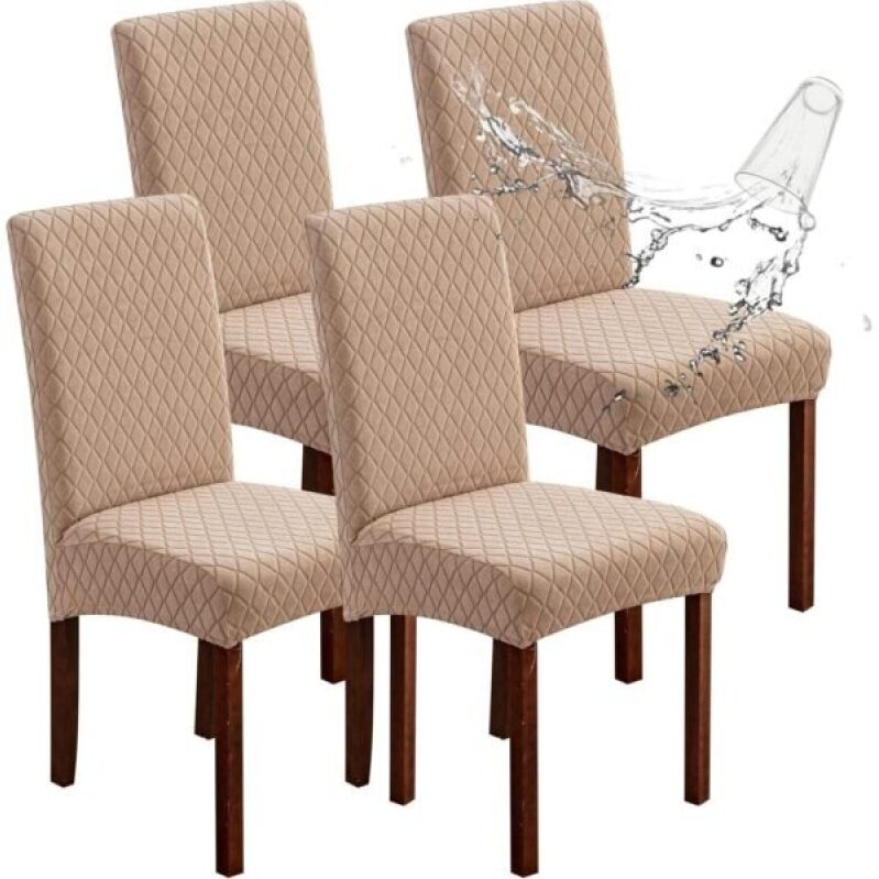 Genina Set of 4 Dining Room Chair Covers - Argyle-Khaki, Waterproof & Removable