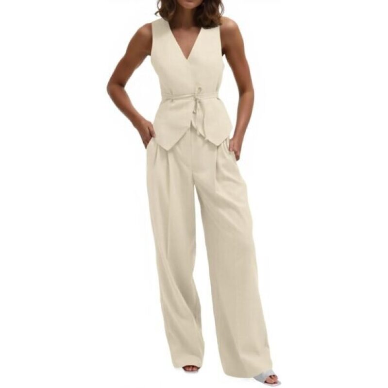 Cicy Bell Womens 2 Piece Outfits - V Neck Tie Waist Blazer Vest and Wide Leg Pants Set - Discounted by 64%